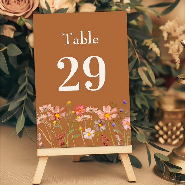 Boho Rustic Blommigt Fall Wedding Bordsnummer (Modern boho rustic floral fall wedding terracotta burnt orange table number Watercolor wildflowers)