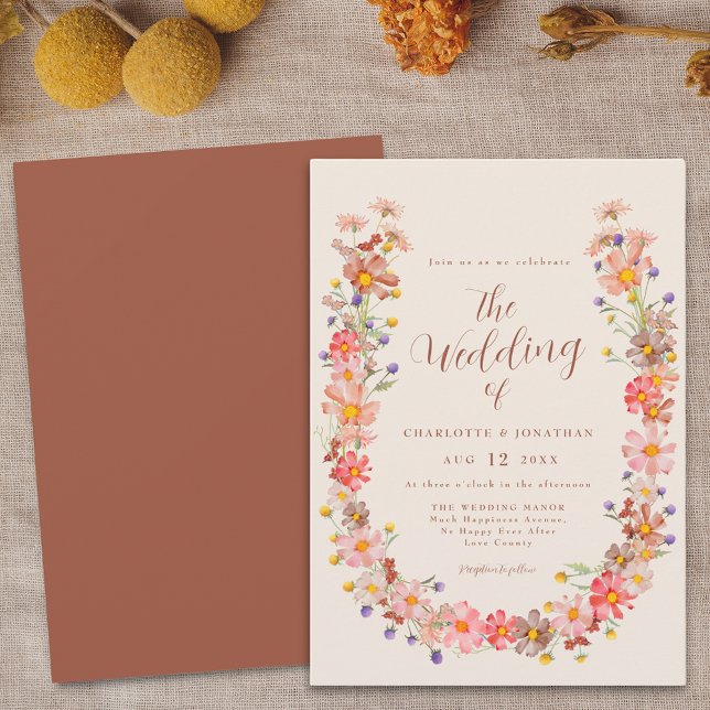 Boho Rustic Blommigt Fall Wedding Inbjudningar (Boho fall floral burnt orange beige wedding invitation with qr code Watercolor wildflower wreath)