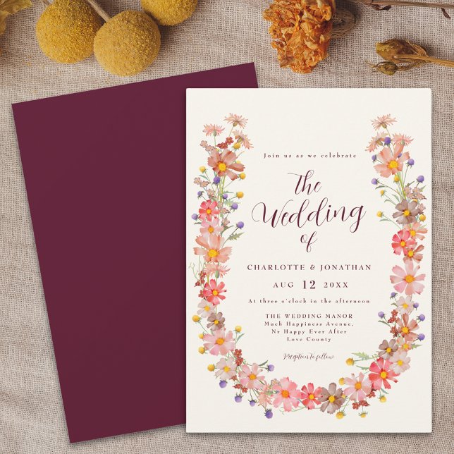 Boho Rustic Blommigt Fall Wedding Inbjudningar (Boho rustic floral arch fall wedding Invitation burgundy cream ivory watercolor wildflower wreath)