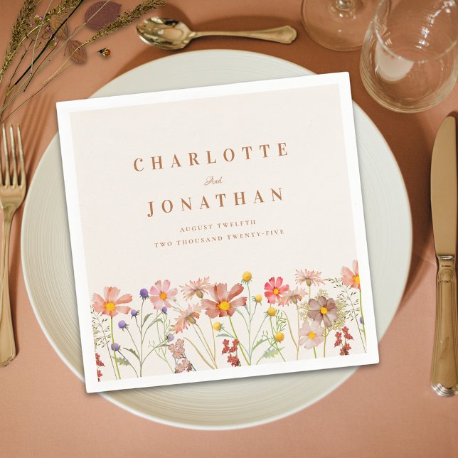 Boho Rustic Blommigt Fall Wedding Pappersservett (Boho rustic floral custom fall Wedding napkins watercolor wildflowers brown terracotta burnt orange )