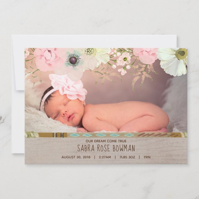 Boho Rustic Blommigt Feather Birth Notice Meddelande (Framsida)