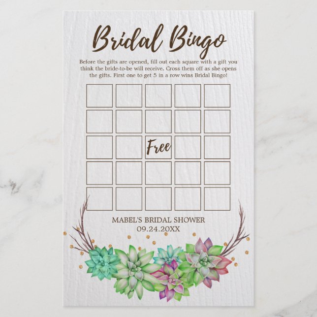 Boho Rustic Blommigt Succult Möhippa Bingo Game (Framsida)