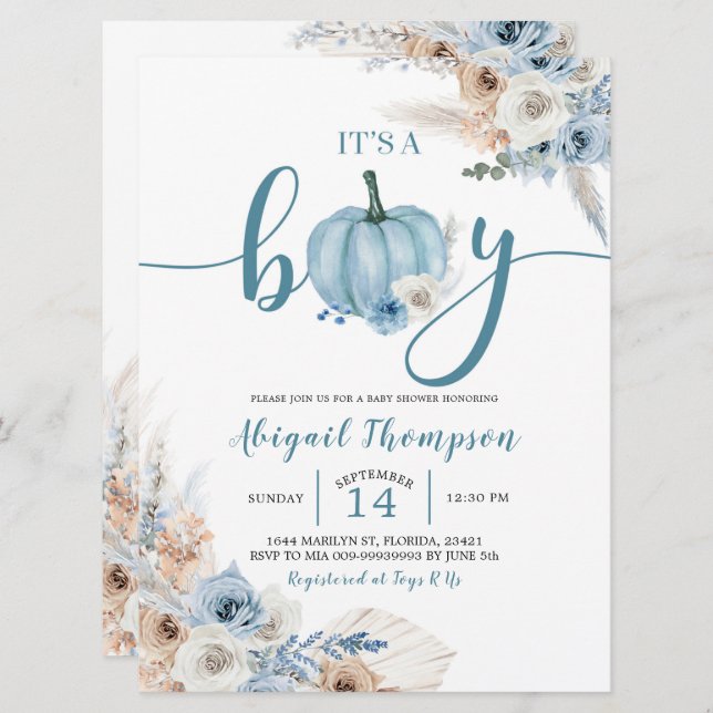 Boho Rustic Blue Pumpkin Det är en pojke Fall Baby Inbjudningar (Fram/baksida)