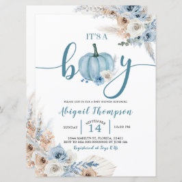 Boho Rustic Blue Pumpkin Det är en pojke Fall Baby Inbjudningar