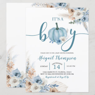 Boho Rustic Blue Pumpkin Det är en pojke Fall Baby Inbjudningar
