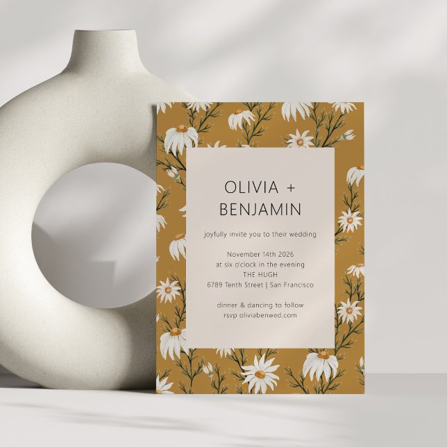 Boho Rustic Daisy Blommigt Mustard Gult Bröllop Inbjudningar (Skapare uppladdad)