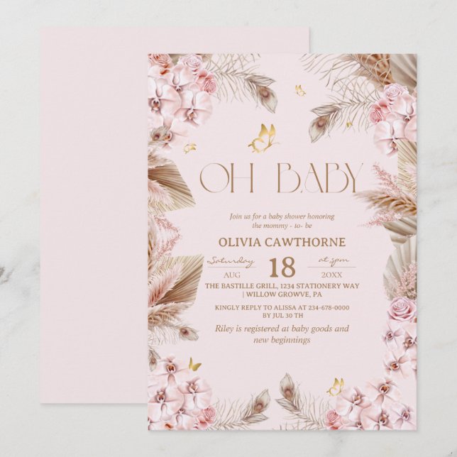 Boho Rustic Dusty Pink Baby Shower Invitation Inbjudningar (Fram/baksida)