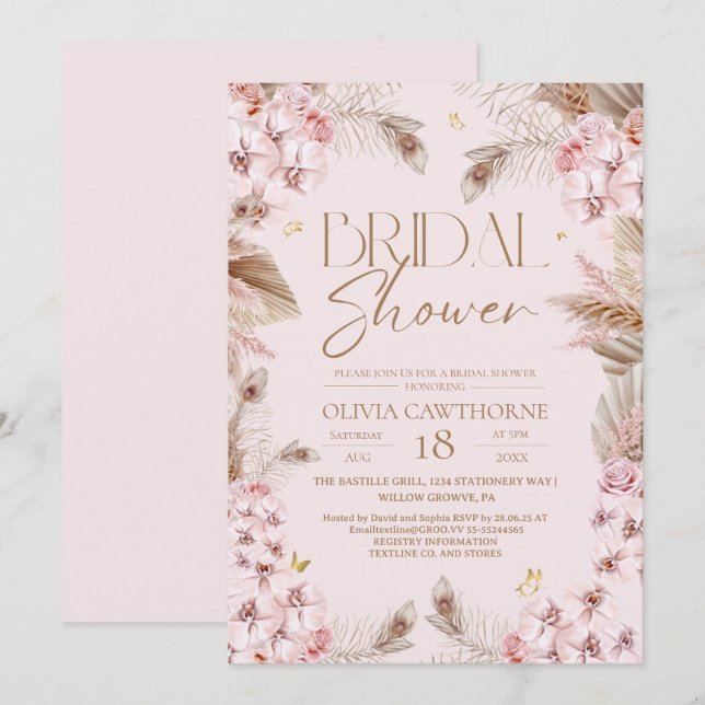 Boho Rustic Dusty Pink Bridal Shower Invitation Inbjudningar (Fram/baksida)