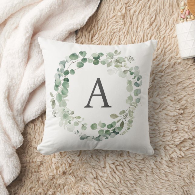 Boho Rustic Eucalyptus Utandning Monogram Kudde (Filt)