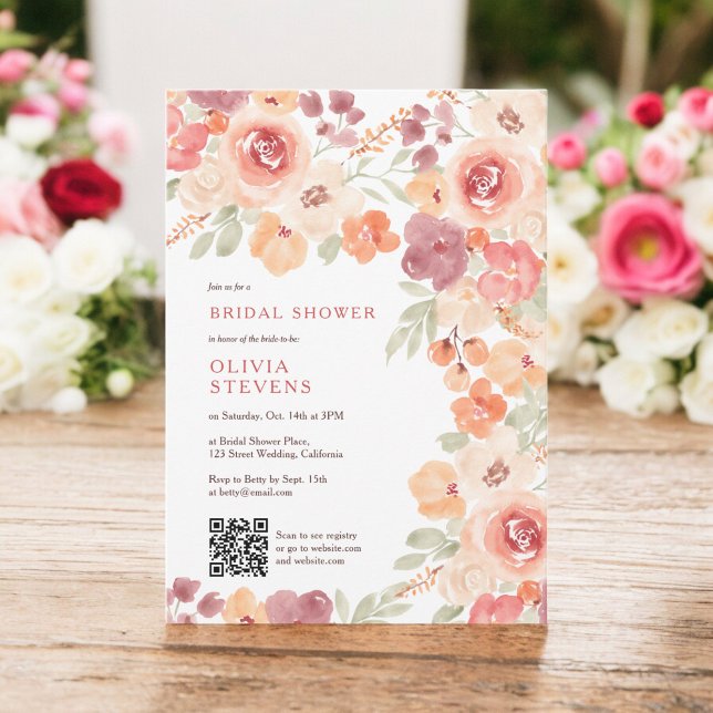 Boho rustic fall persique  qr-kodmöhippa inbjudningar (Boho rustic fall peach blush qr code bridal shower invitation)