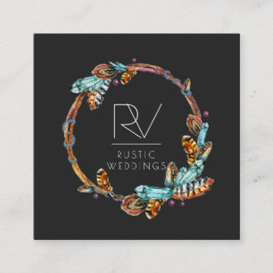 Boho Rustic Feather Wandether Monogram Fyrkantigt Visitkort