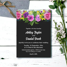 Boho Rustic Flowers Black and White Blommigt Bröll Inbjudningar