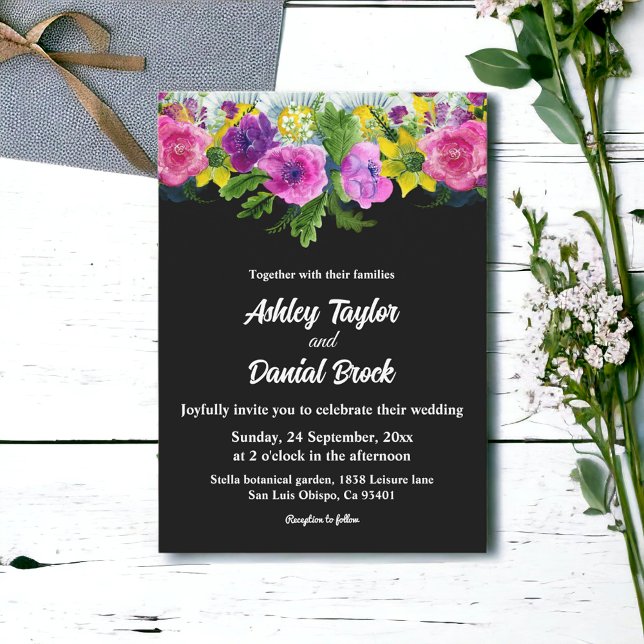 Boho Rustic Flowers Black and White Blommigt Bröll Inbjudningar (Skapare uppladdad)