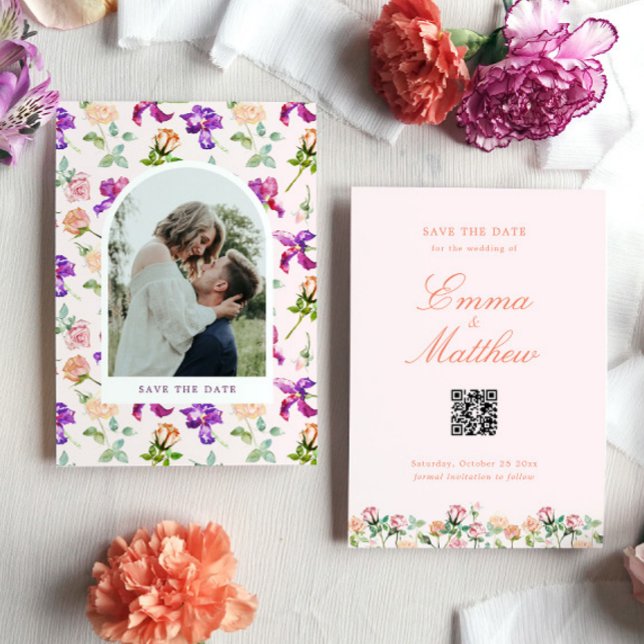 Boho Rustic Garden Photo Spara Datumet (Photo save the date card with watercolor flowers at the front and classic script + QR code at back)