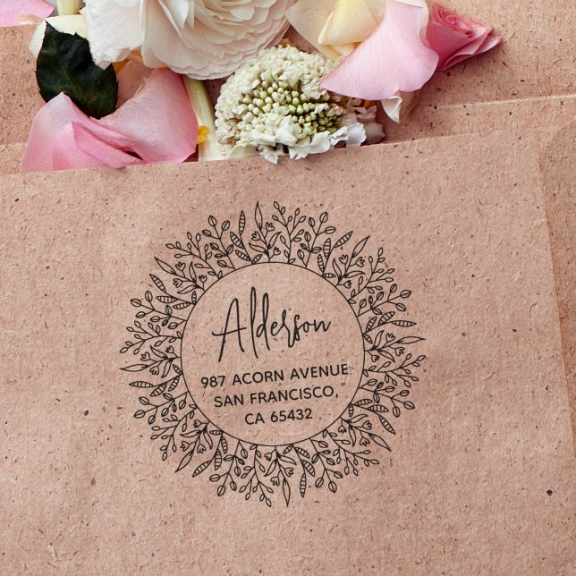 Boho Rustic Laurel Foliage Circular Returadress Stämpel (Stamp Mockup)