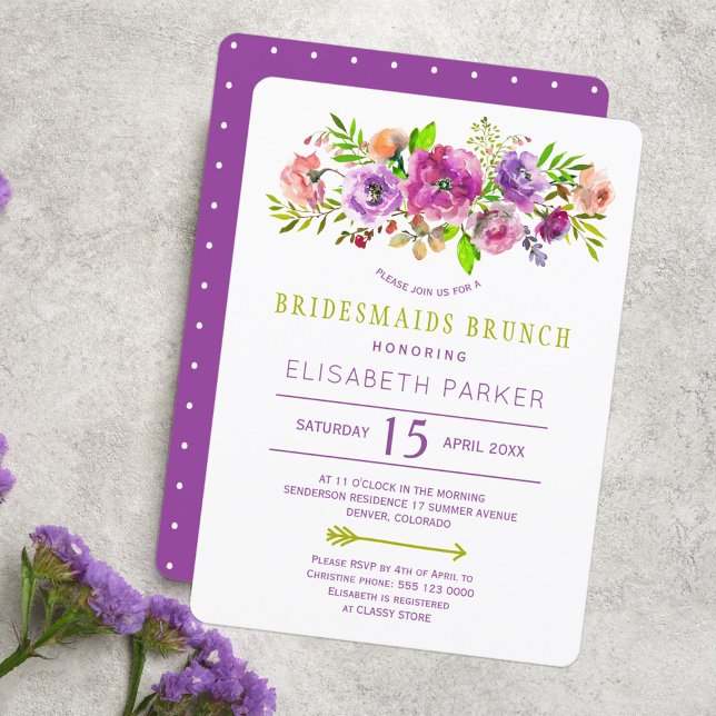 Boho rustic lila grönt blommigt bridesmaids brunch inbjudningar (Skapare uppladdad)