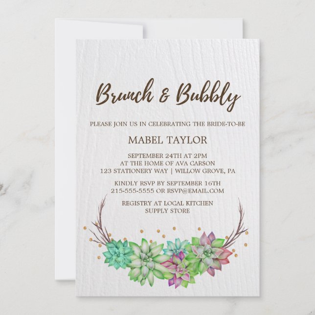 Boho Rustic Mint Blommigt Succulent Brunch & BubLY Inbjudningar (Framsida)