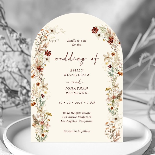 Boho Rustic Neutralt Blommigt Romantic Arch Bröllo Inbjudningar (Skapare uppladdad)