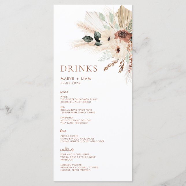 Boho Rustic Pampas Blommigt Bröllop Menu & Drinks Meny (Baksida)