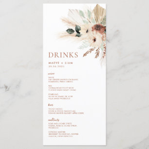 Boho Rustic Pampas Blommigt Bröllop Menu & Drinks Meny