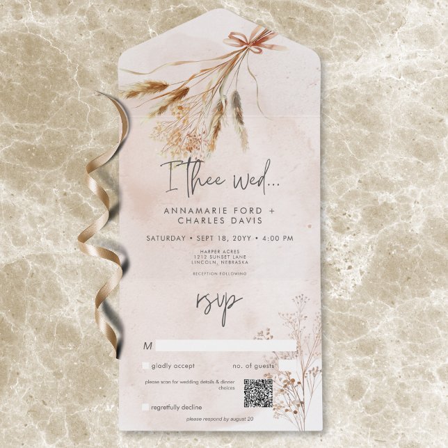 Boho Rustic Pampas & Dried Grass Bouquet QR-kod (Boho Rustic Pampas & Dried Grass Bouquet QR Code All In One Invitation)
