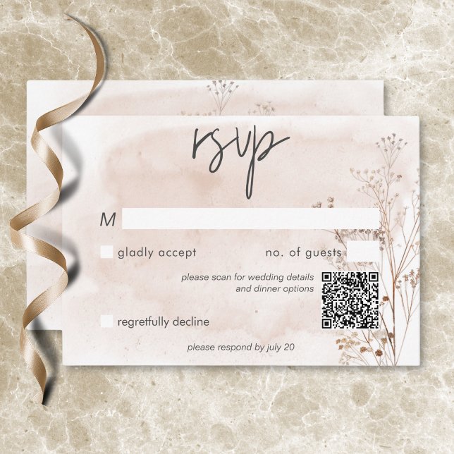 Boho Rustic Pampas & Dried Grass Bouquet QR-kod OSA Kort (Boho Rustic Pampas & Dried Grass Bouquet QR Code RSVP Card)