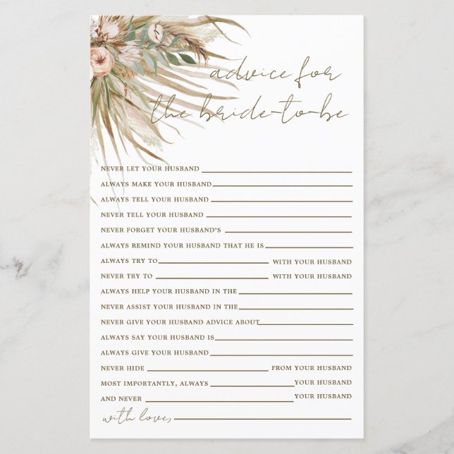 Boho Rustic Pampas Grass Blommigt Advice for Bride (Framsida)