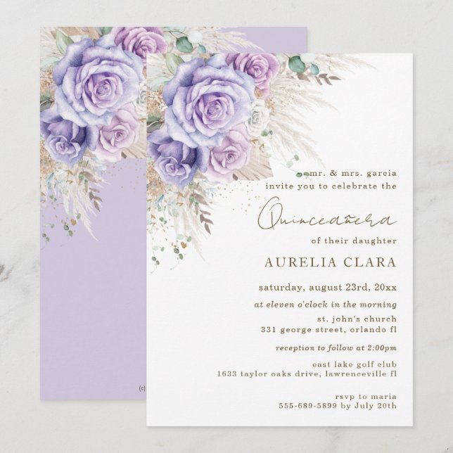 Boho Rustic Pampas Lila Blommig Quinceañera Inbjud Inbjudningar (Fram/baksida)
