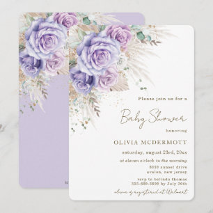 Boho Rustic Pampas Lila Blommigt Girl Baby Shower Inbjudningar