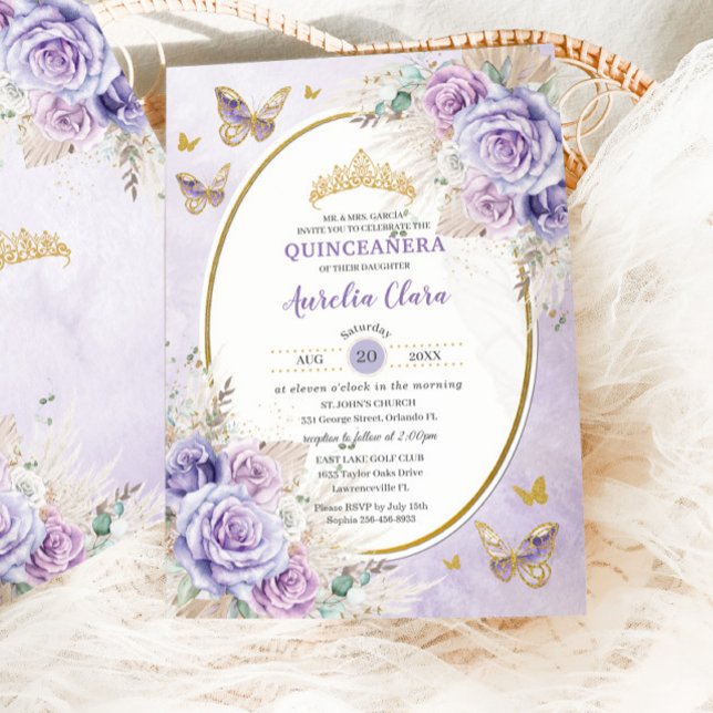 Boho Rustic Pampas Lila Lilac Blommigt Quinceañera Inbjudningar (Skapare uppladdad)