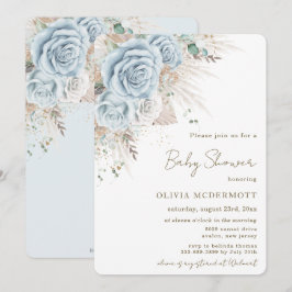 Boho Rustic Pampas Pastel Blue Blommigt Baby Showe Inbjudningar