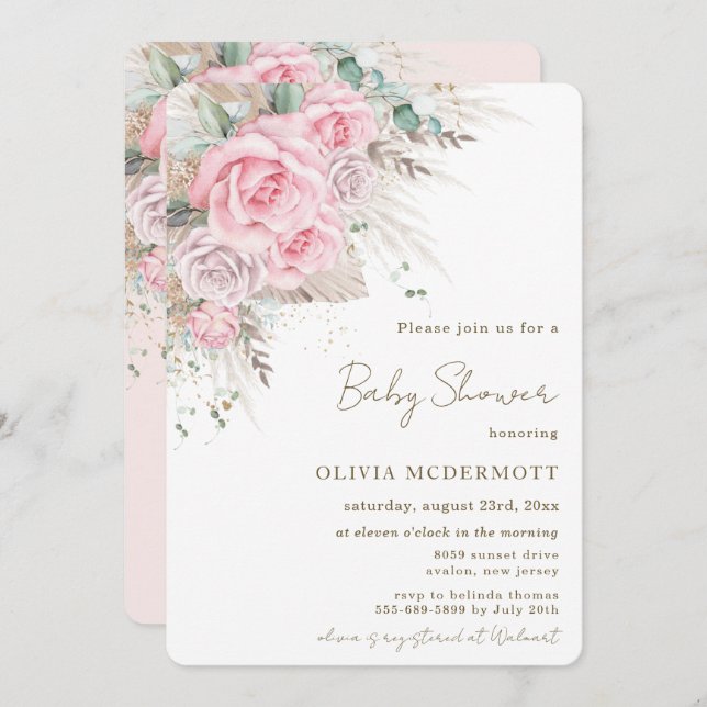 Boho Rustic Pampas Rosa Blommigt Girl Baby Shower Inbjudningar (Fram/baksida)