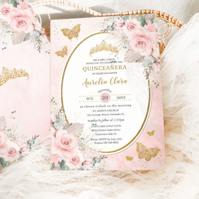 Boho Rustic Pampas  Rosa Blommigt Quinceañera Inbjudningar (Skapare uppladdad)