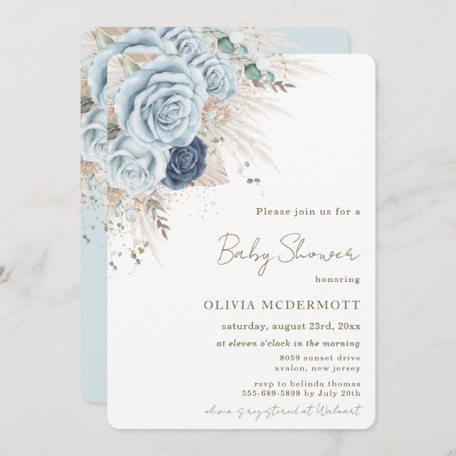 Boho Rustic Pampas Soft Blue Blommigt Baby Shower Inbjudningar (Fram/baksida)