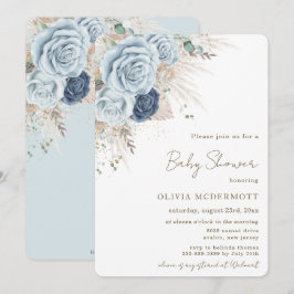 Boho Rustic Pampas Soft Blue Blommigt Baby Shower Inbjudningar