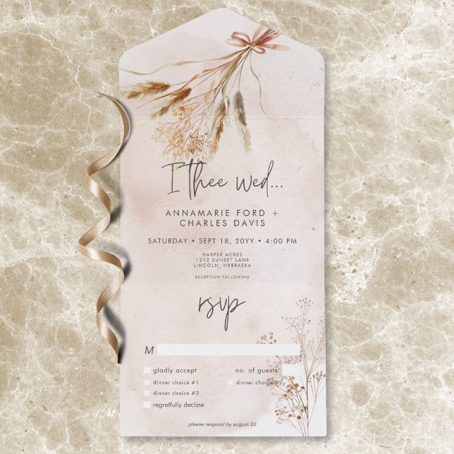 Boho Rustic Pampas & Torkad gräs Bouquet-middag (Boho Rustic Pampas & Dried Grass Bouquet Dinner All In One Invitation)