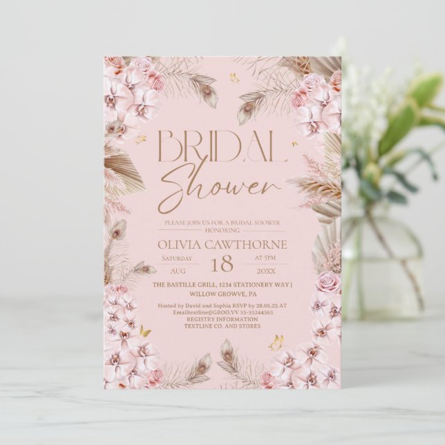 Boho Rustic Pink Bridal Shower Invitation Inbjudningar (Stående Fram)