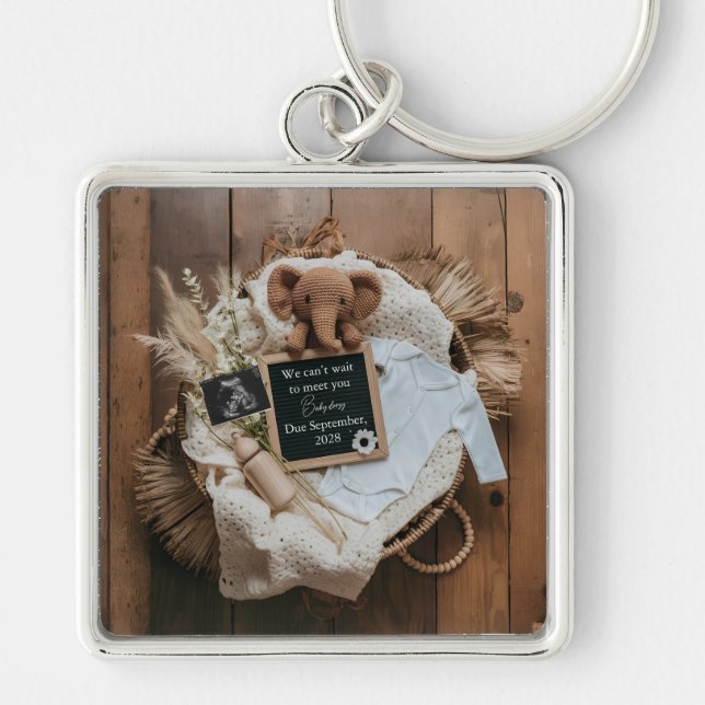 boho rustic pregnancy announcement keepsake  fyrkantig silverfärgad nyckelring (Framsidan)