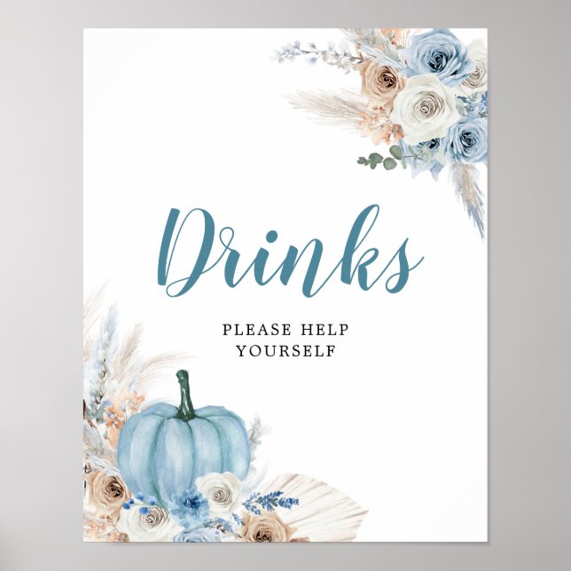 Boho Rustic Pumpkin Fall Baby Shower Drinks Sign Poster (Framsidan)