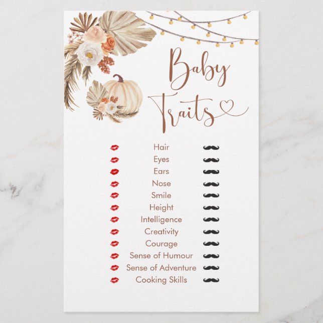 Boho Rustic Pumpkin Fall i Kärlek Baby Traits Game (Framsida)