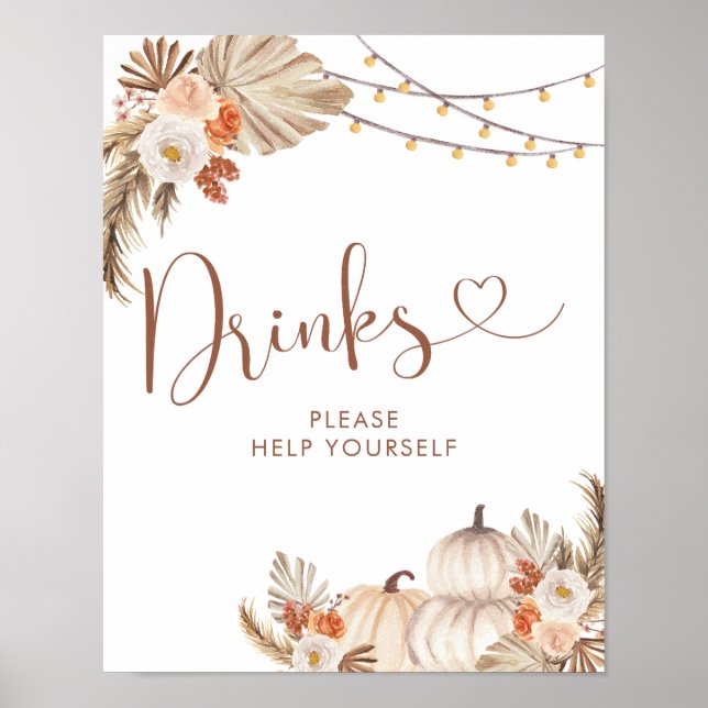 Boho Rustic Pumpkin Fall i Kärlek Drinks Sign Poster (Framsidan)