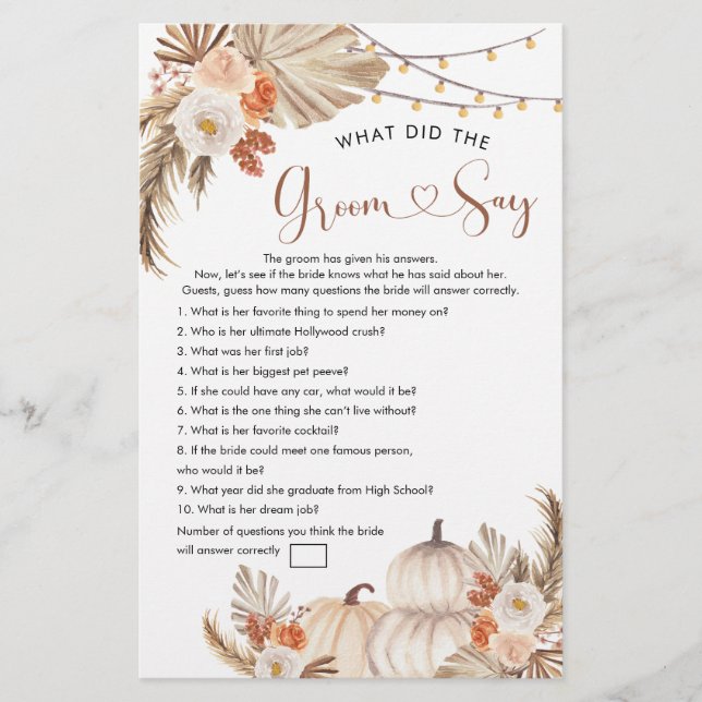 Boho Rustic Pumpkin Fall i Kärlek Groom say Game (Framsida)