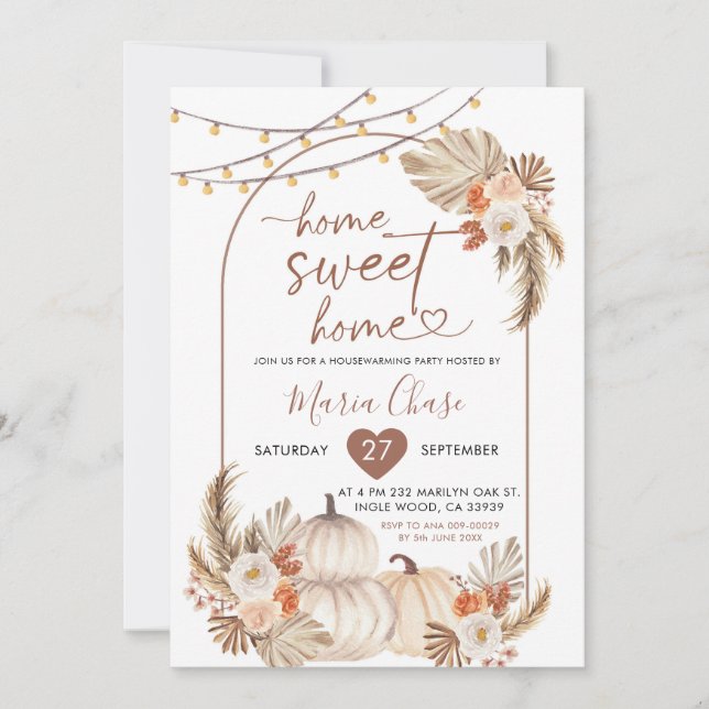 Boho Rustic Pumpkin Home Sweet Home Houseuppvärmni Inbjudningar (Framsida)