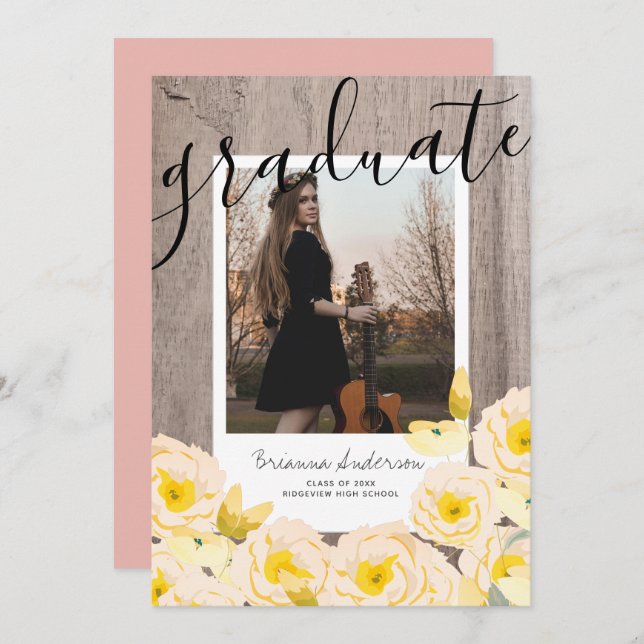 Boho Rustic Ro Blommigt Wood Photo Studenten Inbjudningar (Fram/baksida)