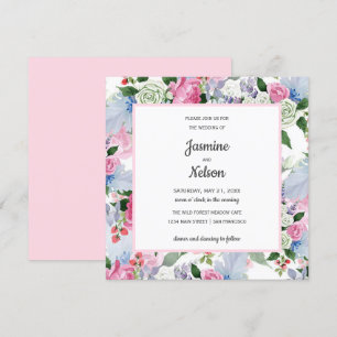 Boho Rustic rosa white lilac blåa blommor bröllop Inbjudningar