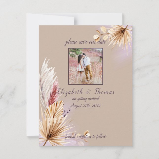 Boho Rustic Sommar Pampas Gräs Bröllop  Spara Datumet (Framsida)
