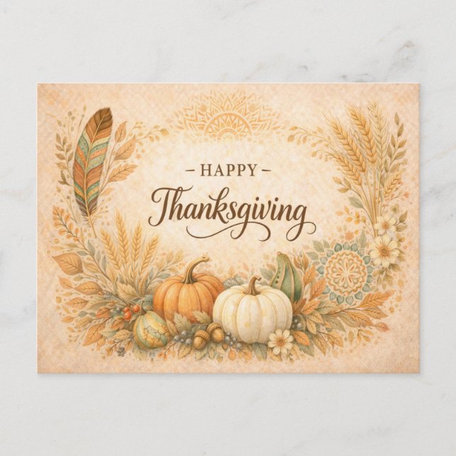 Boho Rustic Thanksgiving Pumpa Skörd Helg Vykort (Framsida)