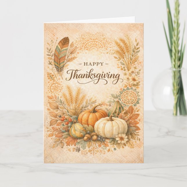 Boho Rustic Thanksgiving Pumpkin Harvest  Kort (Framsida)