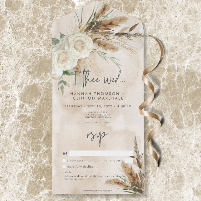 Boho Rustic Vit ros & Pampas Bröllop No Midinner (Boho Rustic White Roses & Pampas Wedding No Dinner All In One Invitation)