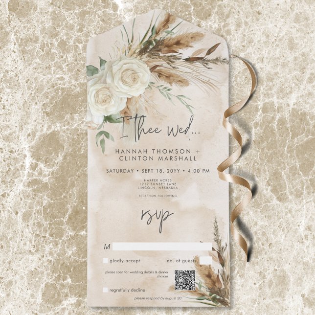 Boho Rustic Vit ros & Pampas Bröllop QR-kod (Boho Rustic White Roses & Pampas Wedding QR Code All In One Invitation)